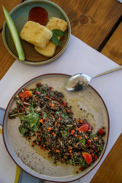 Top View Two Dishes Restaurant Table Greek Black Lentil Salad — Stockfoto