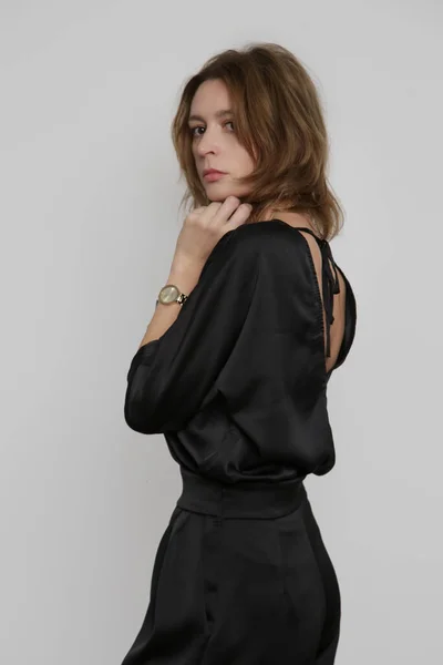 Serie Studio Photos Young Female Model Wearing All Black Classic — Foto de Stock