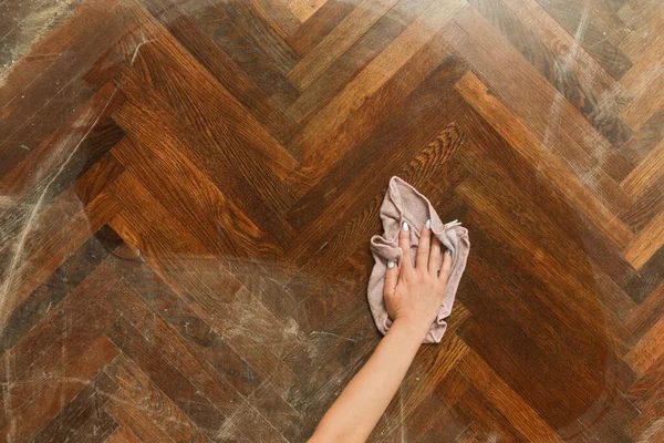 Woman Hand Cleaning Wooden Floor Cloth — Photo