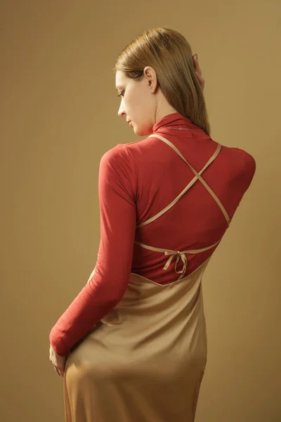 Serie Studio Photos Young Female Model Slip Dress Turtleneck Casual — Zdjęcie stockowe