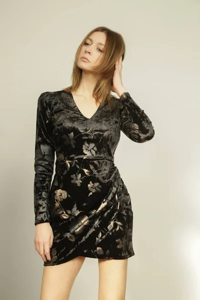 Serie Studio Photos Young Female Model Black Textured Velvet Dress — стоковое фото