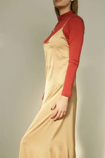 Serie Studio Photos Young Female Model Slip Dress Turtleneck Casual — Zdjęcie stockowe