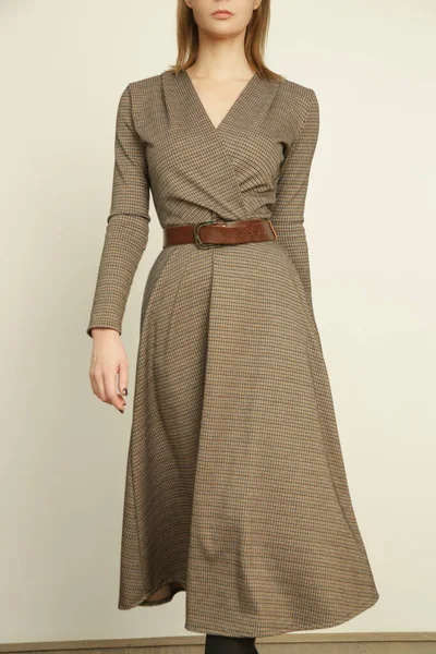 Serie Studio Photos Young Female Model Brown Tweed Dress Autumn — 스톡 사진