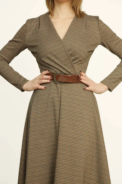 Serie Studio Photos Young Female Model Brown Tweed Dress Autumn — 스톡 사진