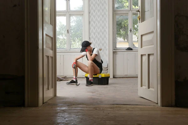 Tired Frustrated Women Resting Home Renovation Work Taking Break Diy — Photo
