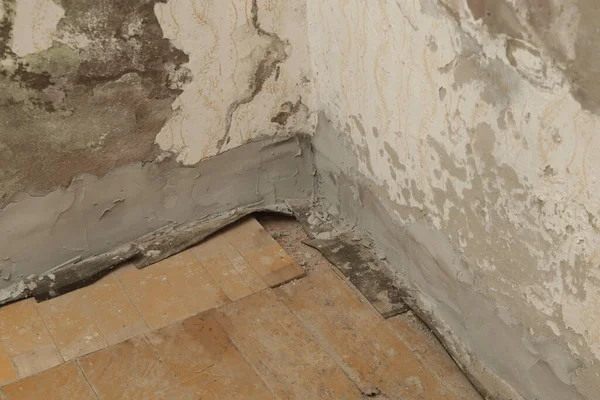 Moisture Damage Wall Old House Newly Installed Insulation Polyethylene Barriers — 스톡 사진