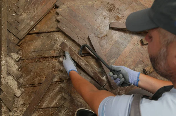 Home Improvement Construction Worker Handyman Removing Old Wooden Parquet Flooring — Foto de Stock