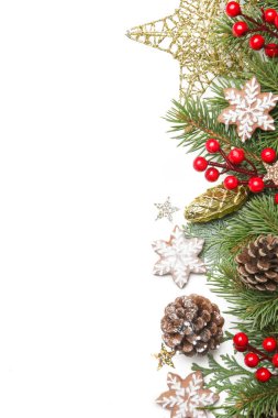 Noel ağacı dalları, kozalaklı kozalaklar, kırmızı böğürtlenler, bayram kurabiyeleri ve süsleri, fotokopi alanı ile üst manzara. Noel, kış tatili, yeni yıl konsepti.