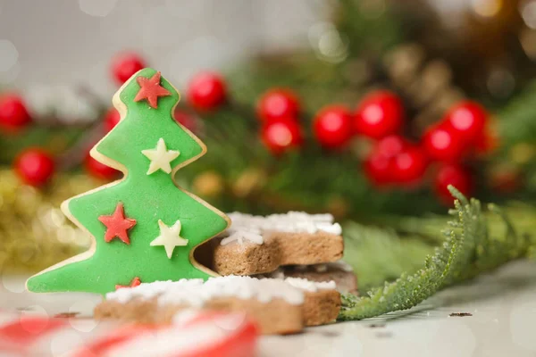 Christmas Decoration Christmas Tree Branches Homemade Decorated Christmas Cookies Close — Stock Photo, Image