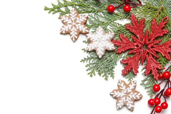 Christmas Decoration Christmas Tree Branches Red Berries Snow Flake Shaped — Stock Photo, Image