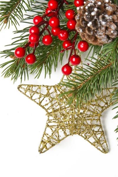 Adorno Dorado Forma Estrella Navidad Ramas Árbol Con Bayas Rojas —  Fotos de Stock