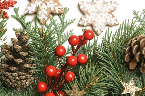 Χριστουγεννιάτικη Διακόσμηση Χριστουγεννιάτικα Κλαδιά Δέντρων Κόκκινα Μούρα Και Νιφάδες Χιονιού — Φωτογραφία Αρχείου