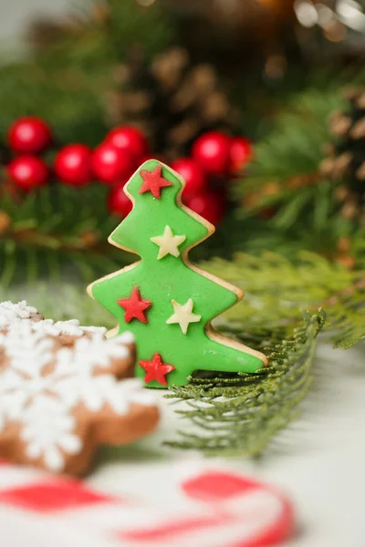 Christmas Decoration Christmas Tree Branches Homemade Decorated Christmas Cookies Close — Stock Photo, Image
