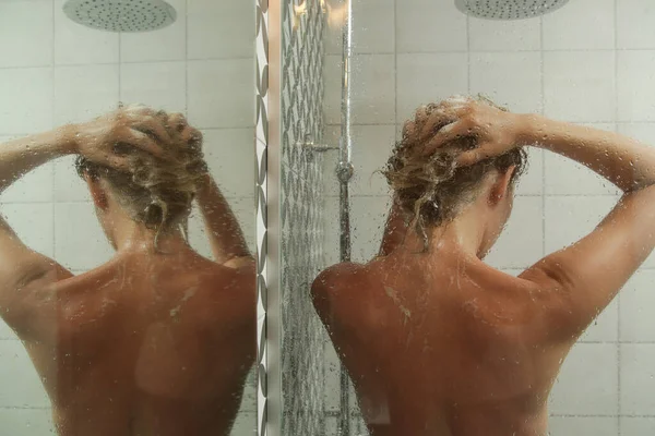 Young Woman Taking Shower Washing Her Hair Shower Cabine — Stockfoto