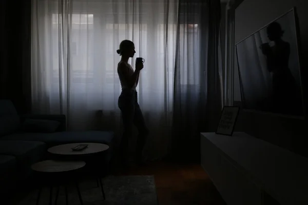 Woman Drinking Coffee Next Window — Stock Photo, Image