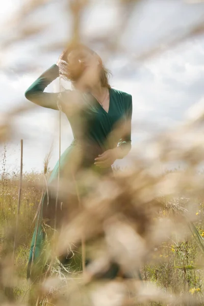 Série Photos Mannequin Femme Robe Verte Posant Sur Prairie Portrait — Photo