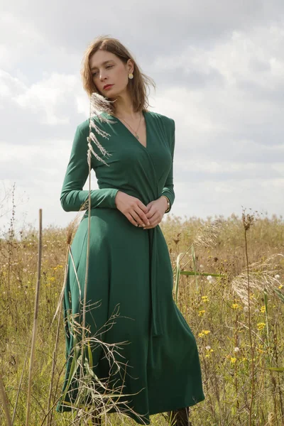 Serie Bilder Kvinnlig Modell Grön Klänning Poserar Ängen Utomhusporträtt Med — Stockfoto