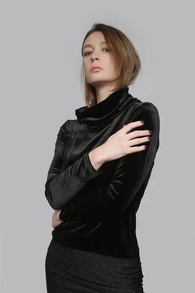 Serie Studio Photos Female Model Wearing Plush Black Turtleneck Elegant — Stock Photo, Image