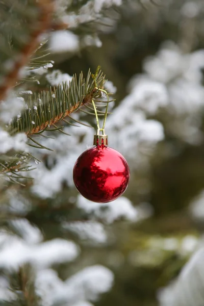 Árvore Natal Livre Coberta Com Neve Decorada Com Ornamentos Bolhas — Fotografia de Stock