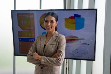 Ofiste beyaz tahtanın önünde duran iş kadınının portresi. Veri ve bilgi sunumu kavramı, fikir paylaşımı.