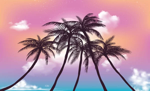 Fondo Con Cielo Atardecer Palmeras Resort Tropical — Vector de stock