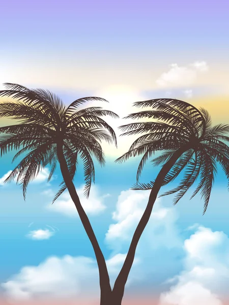 Ряд Тропических Пальм Против Закатного Неба Силуэт Высоких Пальм Тропический — стоковый вектор