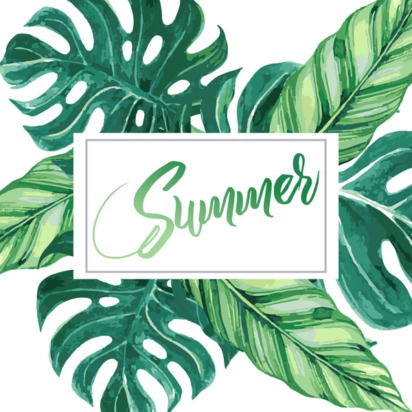 Sommer Schriftzug Design Einem Bunten Grünen Und Lila Palmenblättern — Stockvektor
