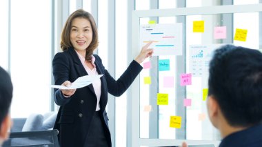 İş kadını ofis toplantısındaki ekibe iş planı bilgilerini sunuyor Asyalı lider kadın takım çalışması, iş adamları ve iş konseptindeki başarıyı anlatıyor.