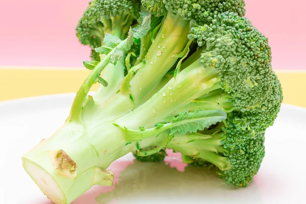 Fresh and Raw Broccoli on White Dish. Uncooked Green Cabbage — Stock Photo, Image