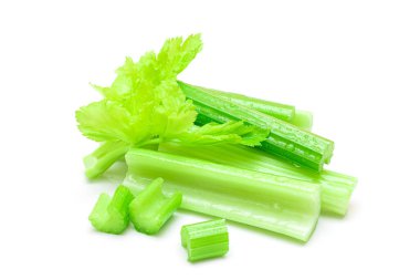 Fresh Chopped Celery Sticks and Slices with Leaves and Water Drops Isolated on White Background clipart