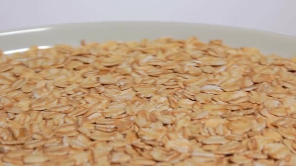 Uncooked Oat Flakes Rotating White Plate White Background Scattered Dry — Video