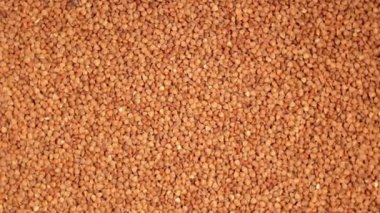 Kuru pişmemiş kahverengi karabuğday Groats, Yavaşça Dönen Arkaplan - Top View. Çiğ Büyük Karabuğday Taneleri. Rus, Ukrayna ve Beyaz Rusya Kültürü. Sağa Döndür