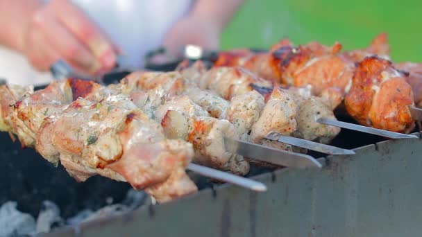 Man Cooking Pork Barbecue Summer Daytime Outdoors Close Static Shot – Stock-video