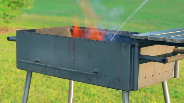 Burning Fire Smoke Empty Brazier Summer Daytime Outdoors Preparing Barbecue — Αρχείο Βίντεο