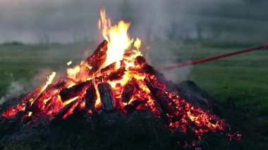 Big Campfire is Burning Down in Early Morning. Wood on Fire. Flying Sparks. Travel and Tourism Concept. Remains of a Giant Bonfire at Summer - Static Shot, Slow Motion