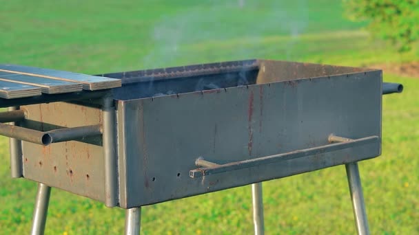 Burning Fire Smoke Empty Brazier Summer Daytime Outdoors Preparing Barbecue — Stockvideo