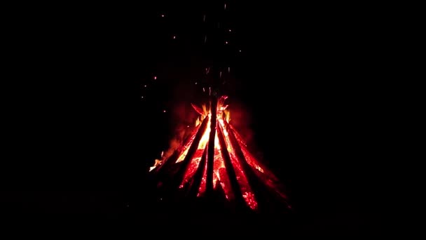 Burning Campfire Isolated Black Wood Fire Flying Sparks Travel Tourism — Vídeo de Stock