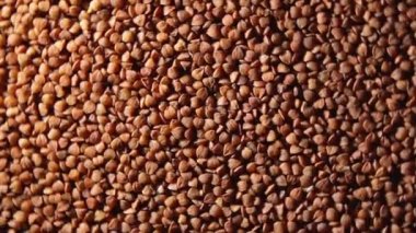 Dry Uncooked Brown Buckwheat Groats, Rotating Background - Top View, Low Key Light. Raw Large Buckwheat Grains. Russian, Ukrainian and Belarusian Culture. Rotation Left