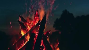 Big Burning Campfire at Summer Night against the Blue Sky. Wood on Fire. Flying Sparks. Travel and Tourism Concept. Giant Flaming Bonfire - Static Shot, Slow Motion