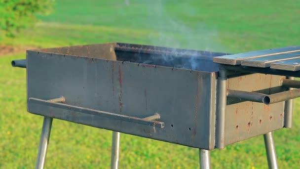 Burning Fire Smoke Empty Brazier Summer Daytime Outdoors Preparing Barbecue — стоковое видео
