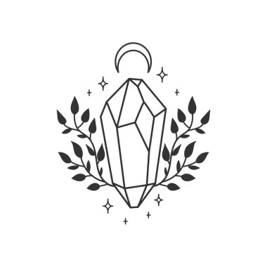 Yaprakların arasındaki mistik ruhani kristal. Vektör çizimi. Giysiler, kartlar, posterler için yazdır.