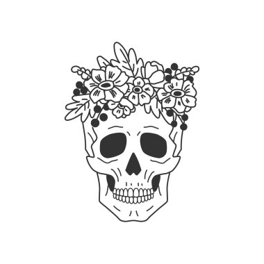 Vahşi çiçekler, yapraklar ve böğürtlenlerle süslenmiş kadim bir kafatası. Vektör illüstrasyonu