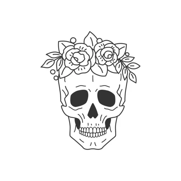Crâne Orné Une Couronne Roses Dessin Illustration Vectorielle — Image vectorielle