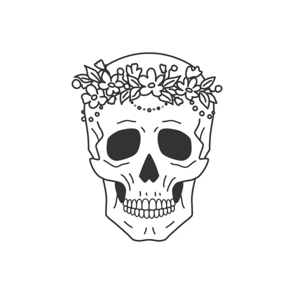 Yaban Çiçekleriyle Süslenmiş Bir Insan Kafatası Görüntüsü — Stok Vektör