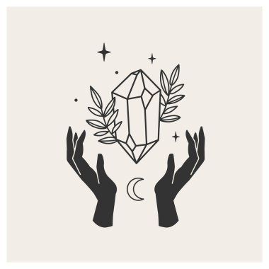 Kadın eli ve sihirli bir kristal. Mistik ritüel. Doğanın gücü. Kadınsal prensip. Vektör illüstrasyonu.  