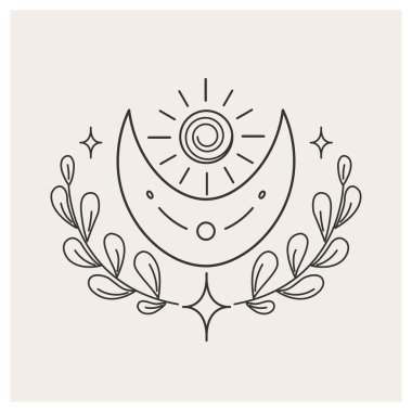 Dalların arasında güneş ve ay. Doğanın gücü. Göksel nesneler. Sembolizm. Vektör illüstrasyonu