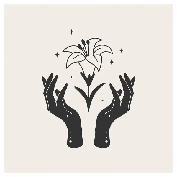 Kvinnliga Magiska Händer Med Lilja Blomma Naturens Makt Feminin Princip — Stock vektor