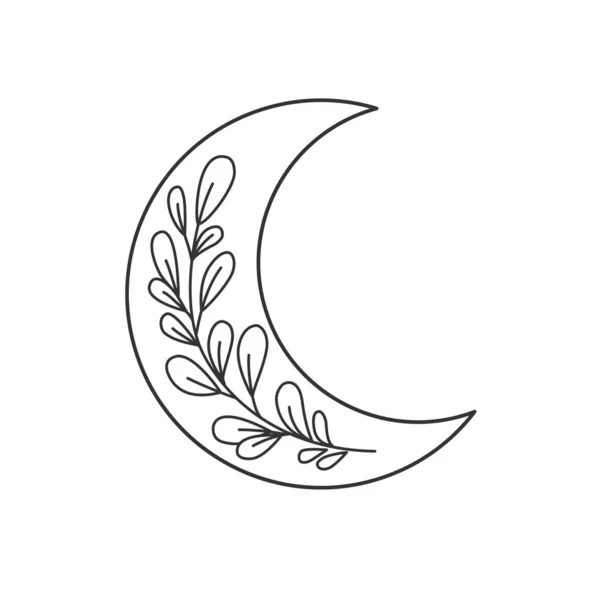 Luna Creciente Con Una Rama Dibujo Lineal Luna Mágica Celestial — Vector de stock