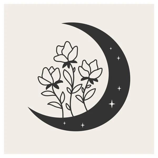 Luna Creciente Con Flores Silvestres Dibujo Mágico Simbólico Luna Tiene — Vector de stock
