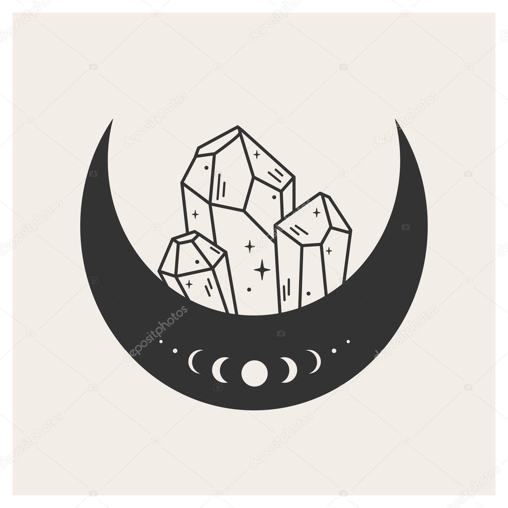 Crescent moon with magic crystals. Mystical symbol. Celestial object. The moon has a slit pattern. Good for design of magic and spiritistic shops and goods, tattoos, design of clothes and stationery. Vector illustration.